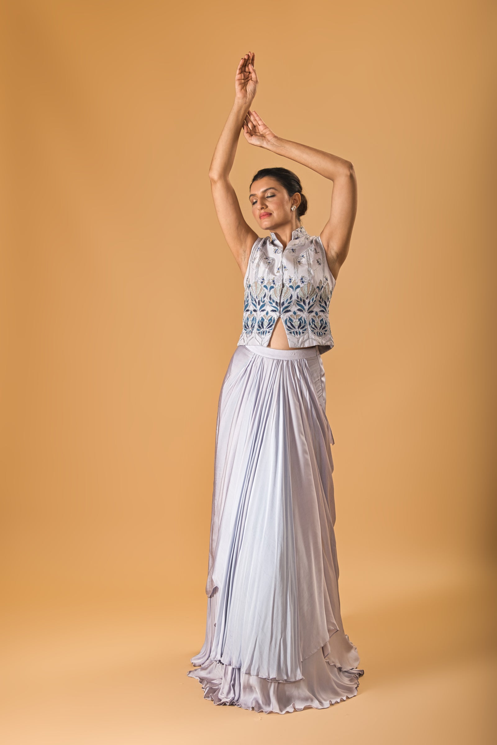Lilac Indowestern drape lehenga