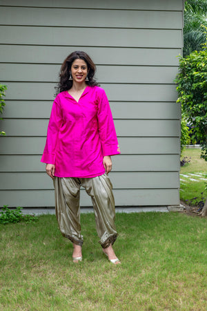 Hot pink silk shirt and dhoti set