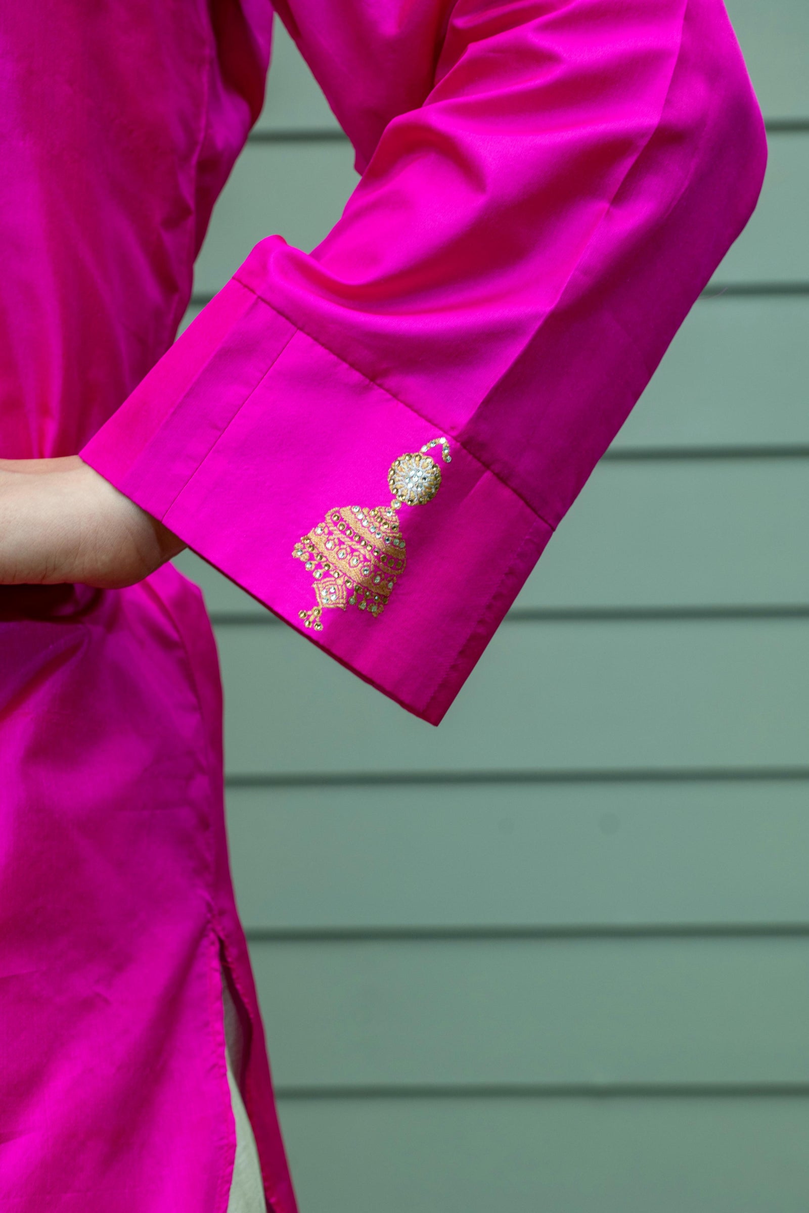 Hot pink silk shirt and dhoti set
