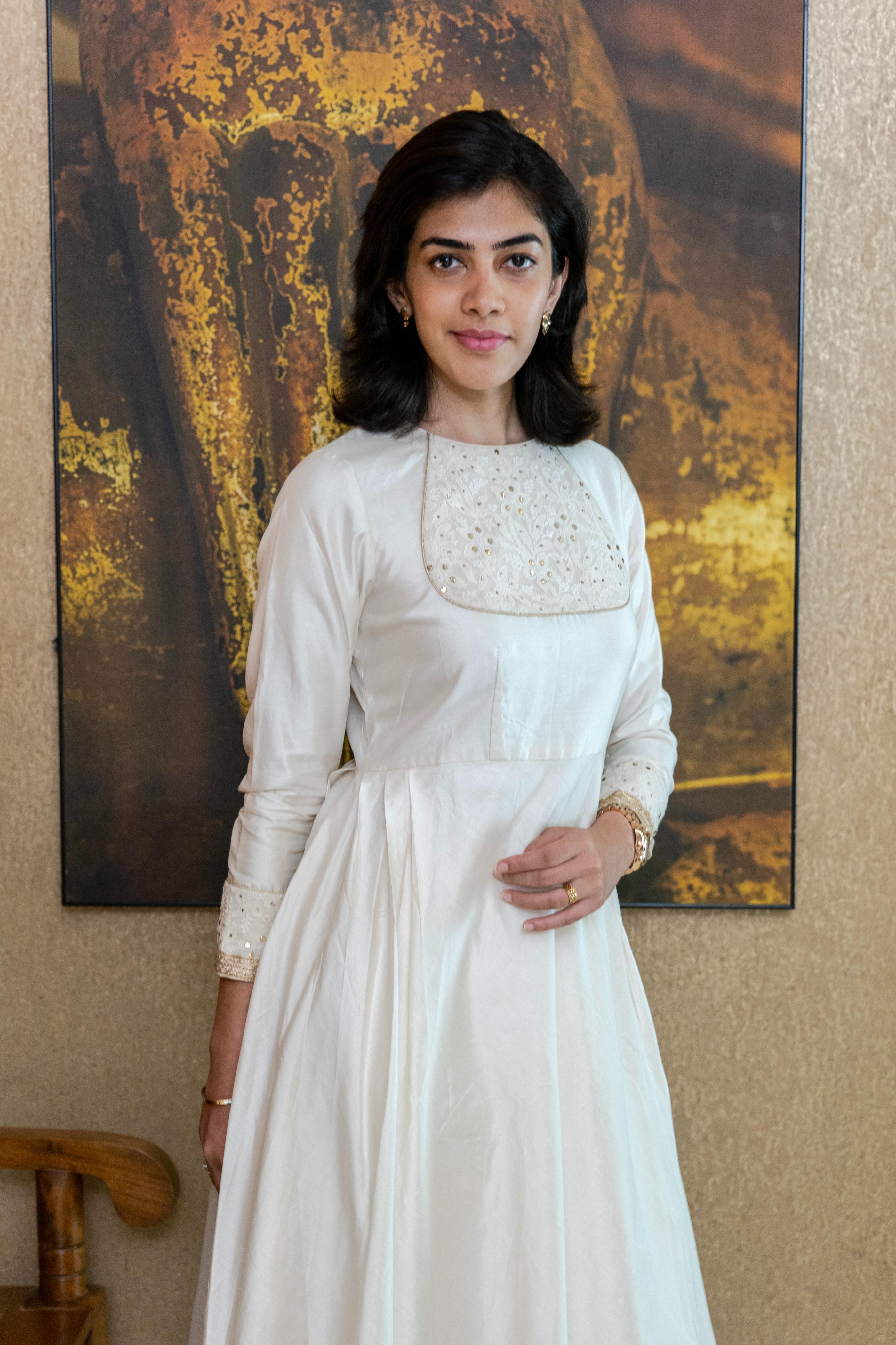 White silk chikankari neck kalidar kurta