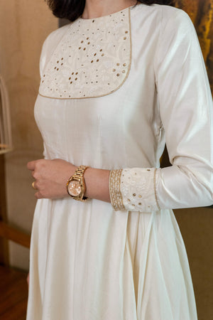 White silk chikankari neck kalidar kurta