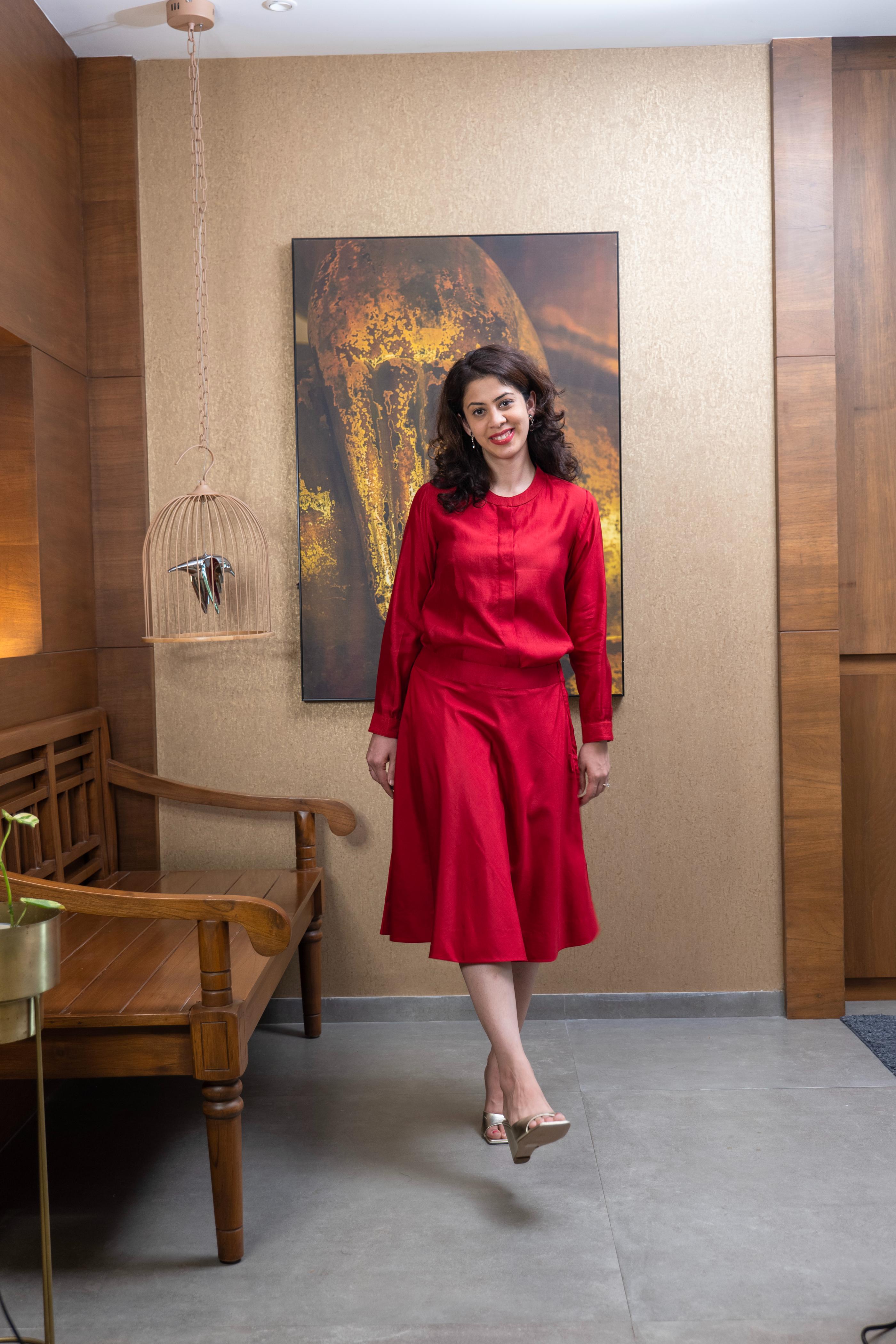Rouge red soft silk Co - Ord top and skirt set