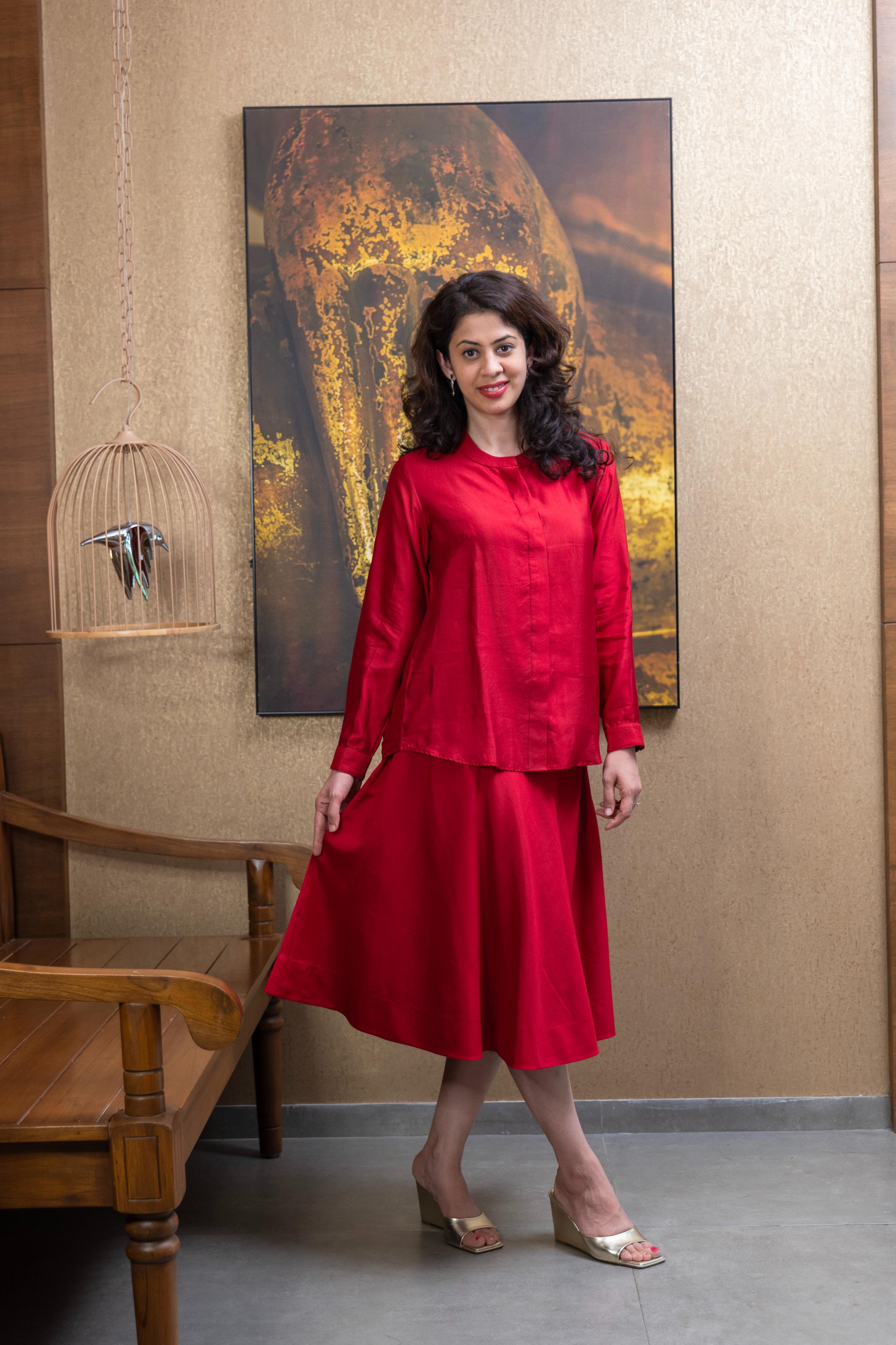 Rouge red soft silk Co - Ord top and skirt set