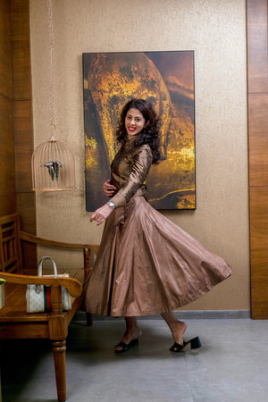 Chocolate brown silk shirt and skirt set