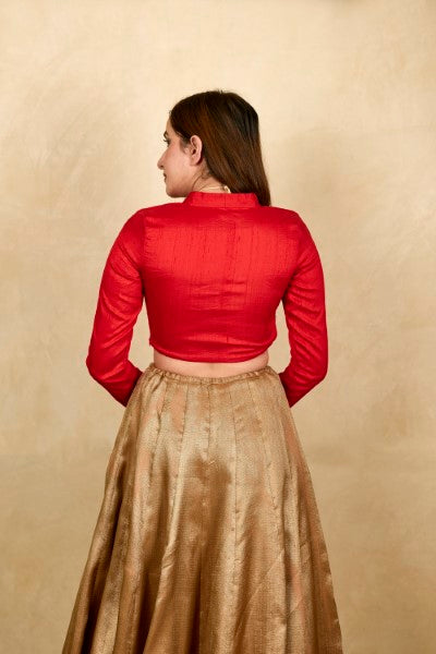 Red raw silk high neck full sleeve blouse