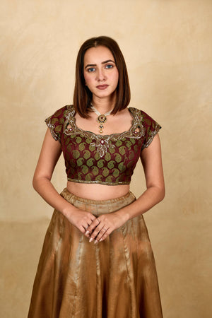 Olive green two tone silk blouse