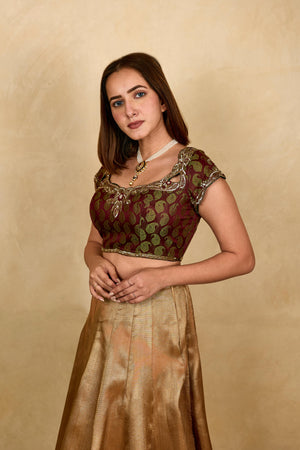 Olive green two tone silk blouse