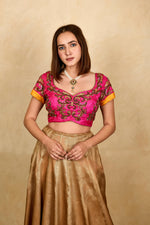 Hot pink gold embroidered silk blouse