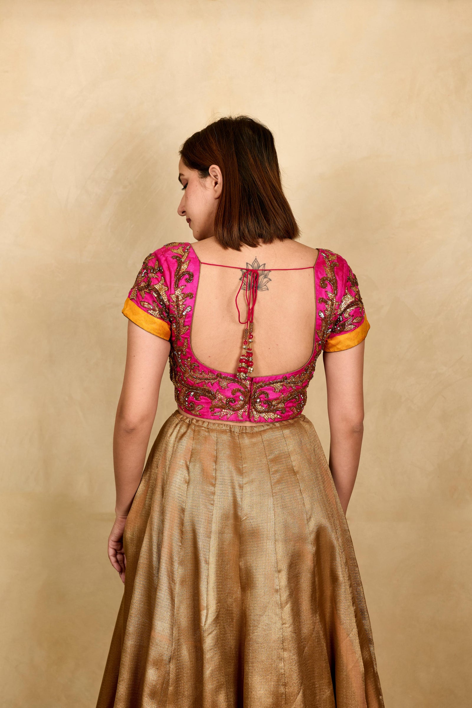 Hot pink gold embroidered silk blouse