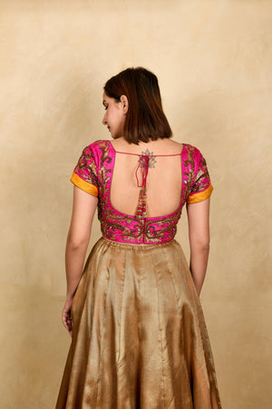 Hot pink gold embroidered silk blouse
