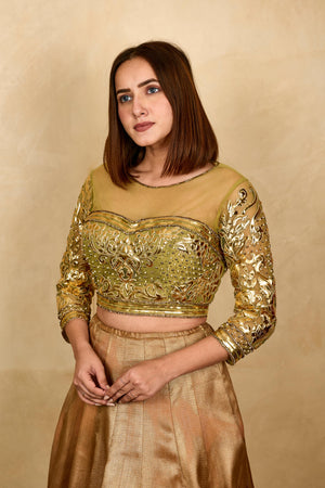 olive green and gold applique work blouse
