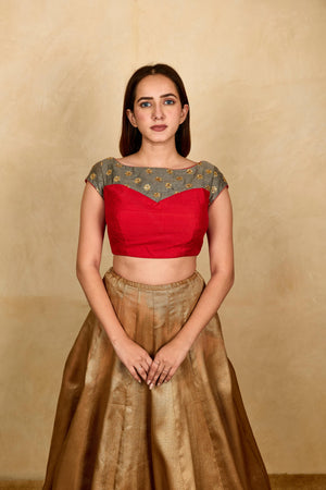 Red and grey boat neck silk blouse