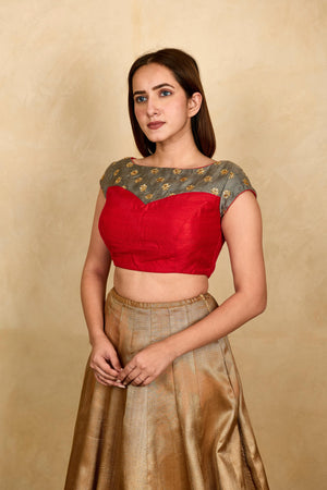 Red and grey boat neck silk blouse