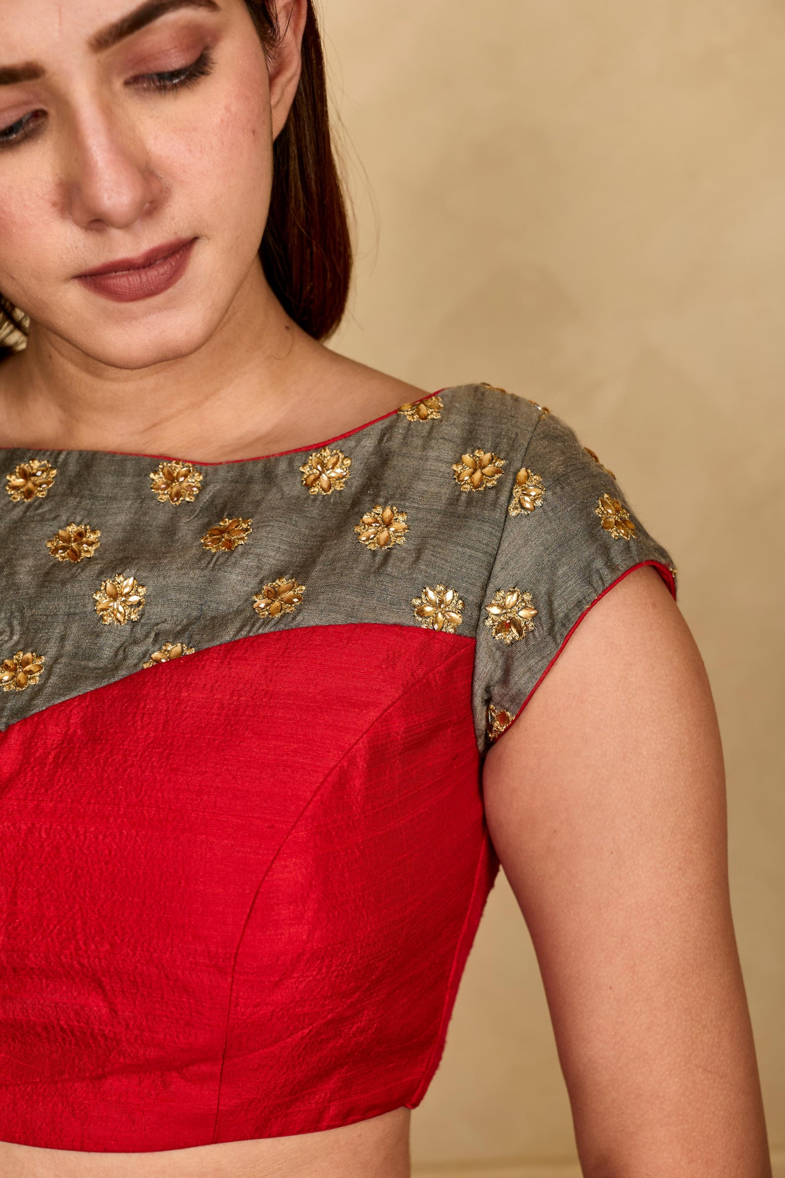Red and grey boat neck silk blouse