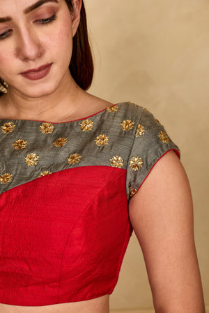 Red and grey boat neck silk blouse
