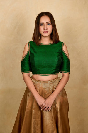 Bottle green cold shoulder silk blouse
