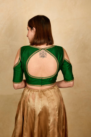 Bottle green cold shoulder silk blouse