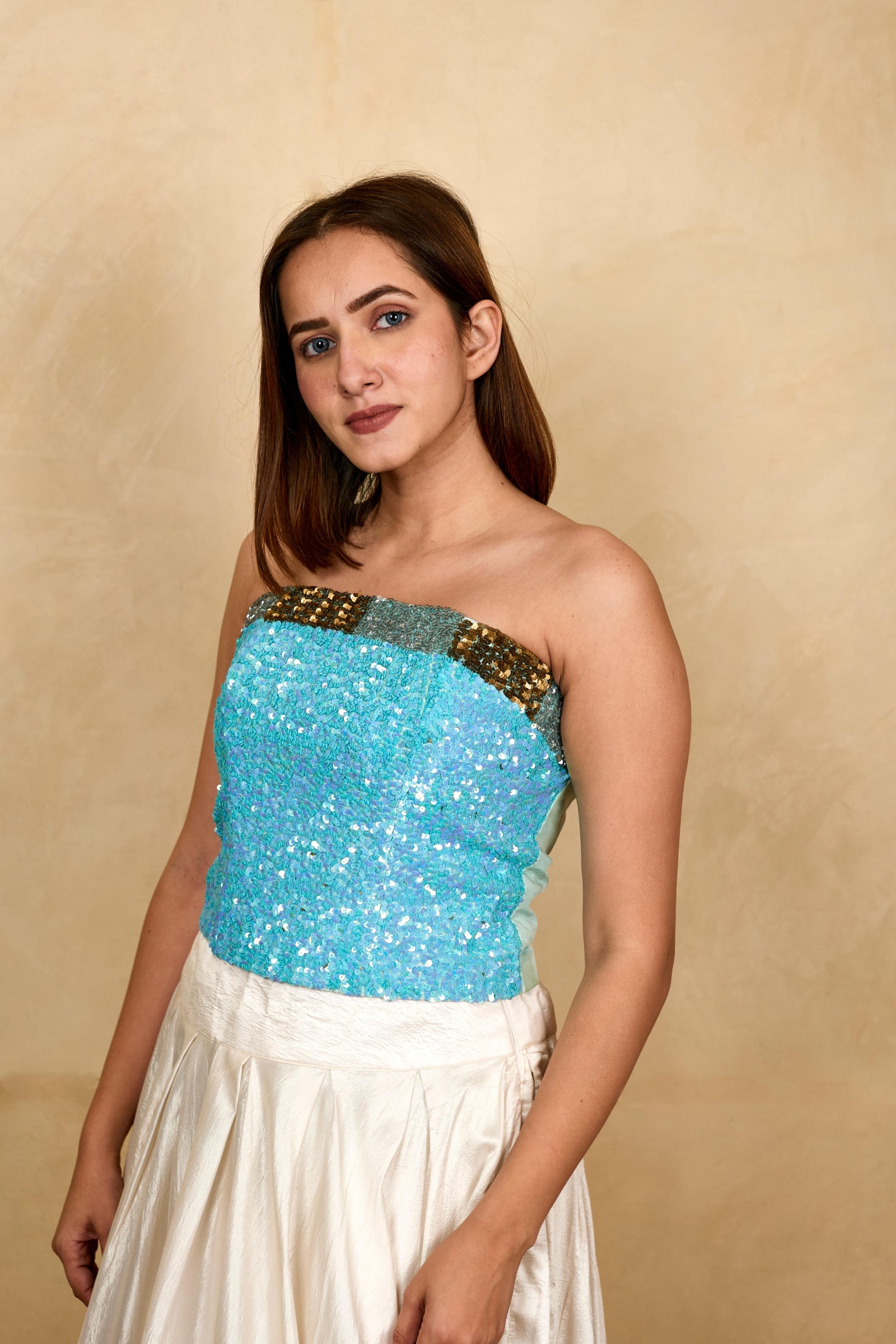 blue sequenced corset blouse