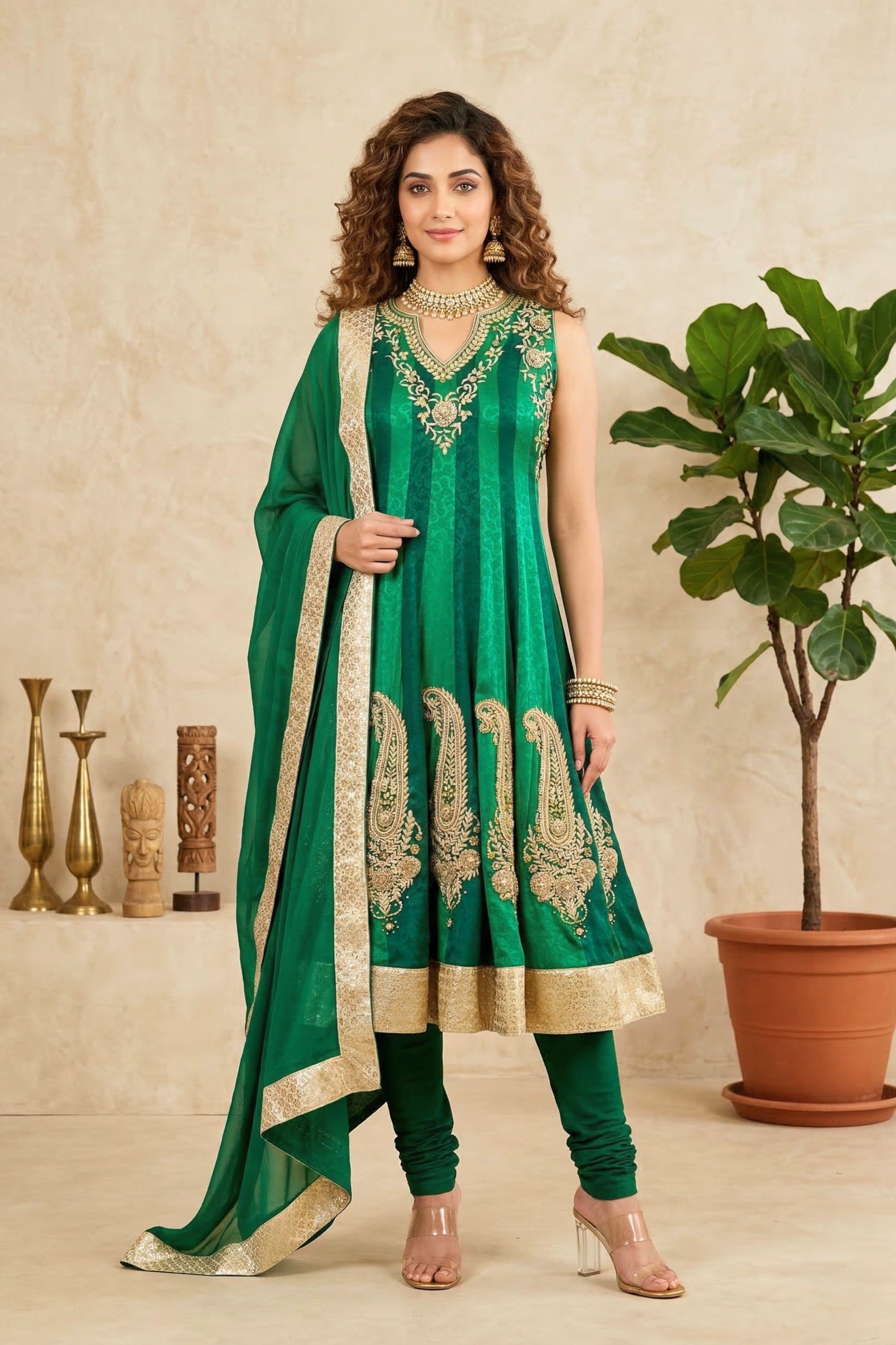 Emerald Green Embroidered Paisley Anarkali Suit Set