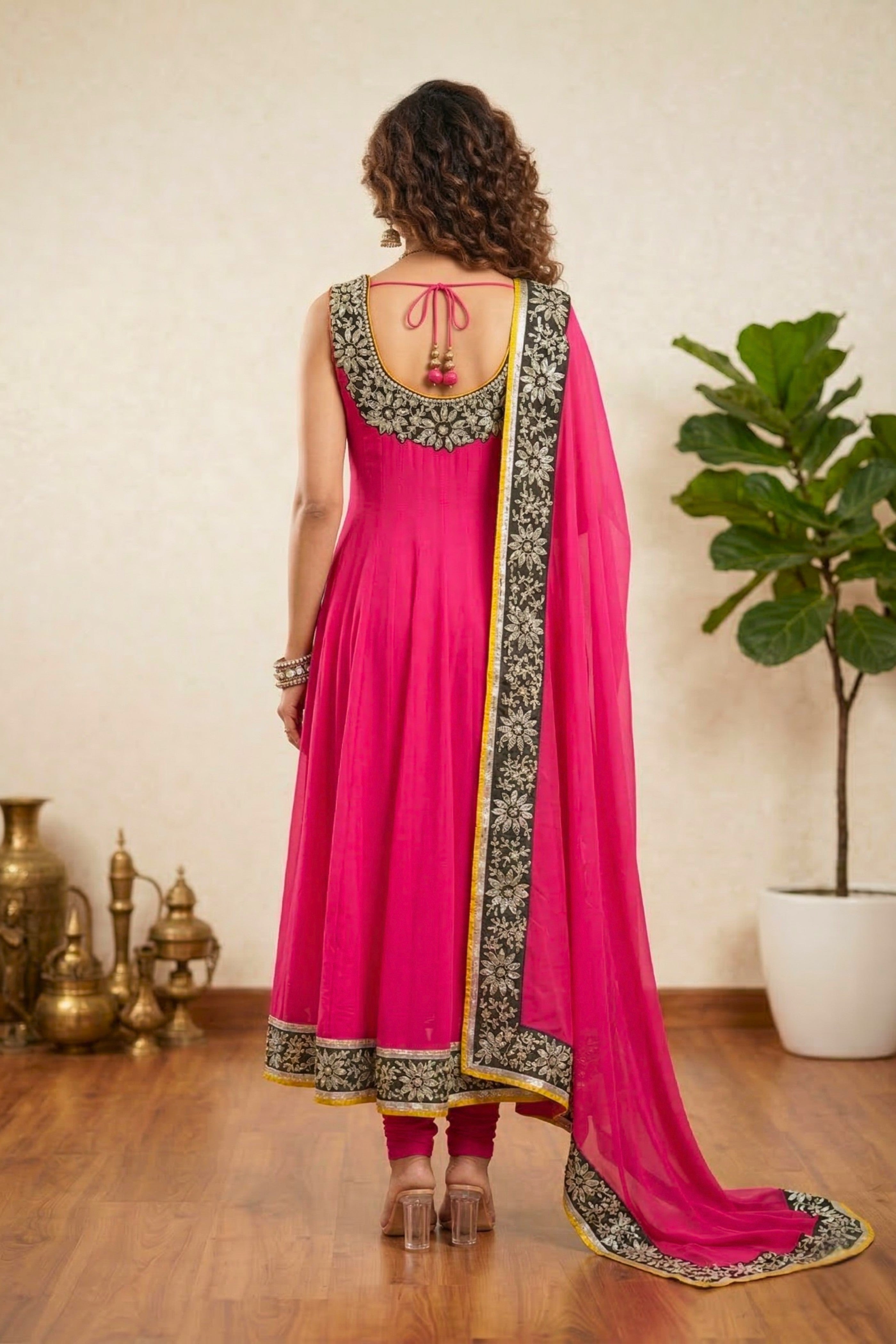 Vibrant Fuchsia Pink Crepe Anarkali Suit Set with Contrasting Embroidery