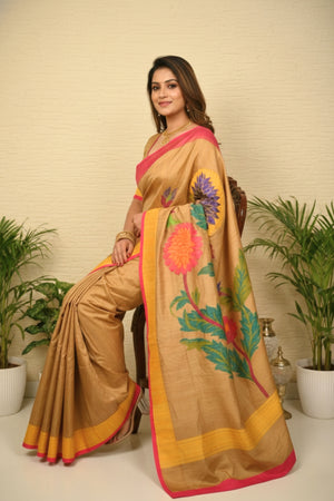 Earthy Khaki Tussar Silk Saree with Statement Floral Motifs