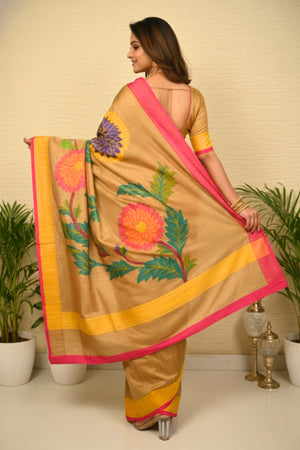 Earthy Khaki Tussar Silk Saree with Statement Floral Motifs