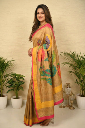 Earthy Khaki Tussar Silk Saree with Statement Floral Motifs