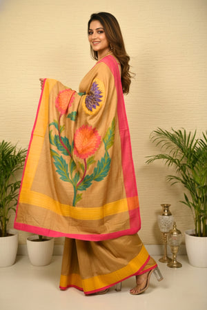 Earthy Khaki Tussar Silk Saree with Statement Floral Motifs