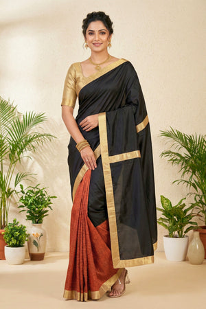 Striking Black and Rust Half-and-Half Silk Saree with Gold Border