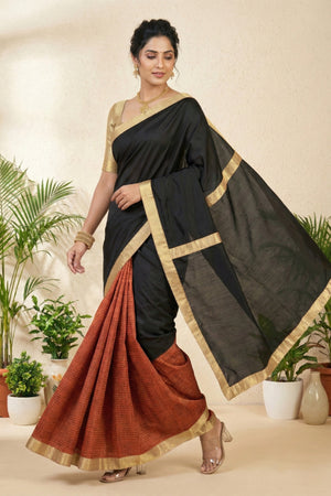 Striking Black and Rust Half-and-Half Silk Saree with Gold Border