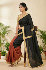 Striking Black and Rust Half-and-Half Silk Saree with Gold Border