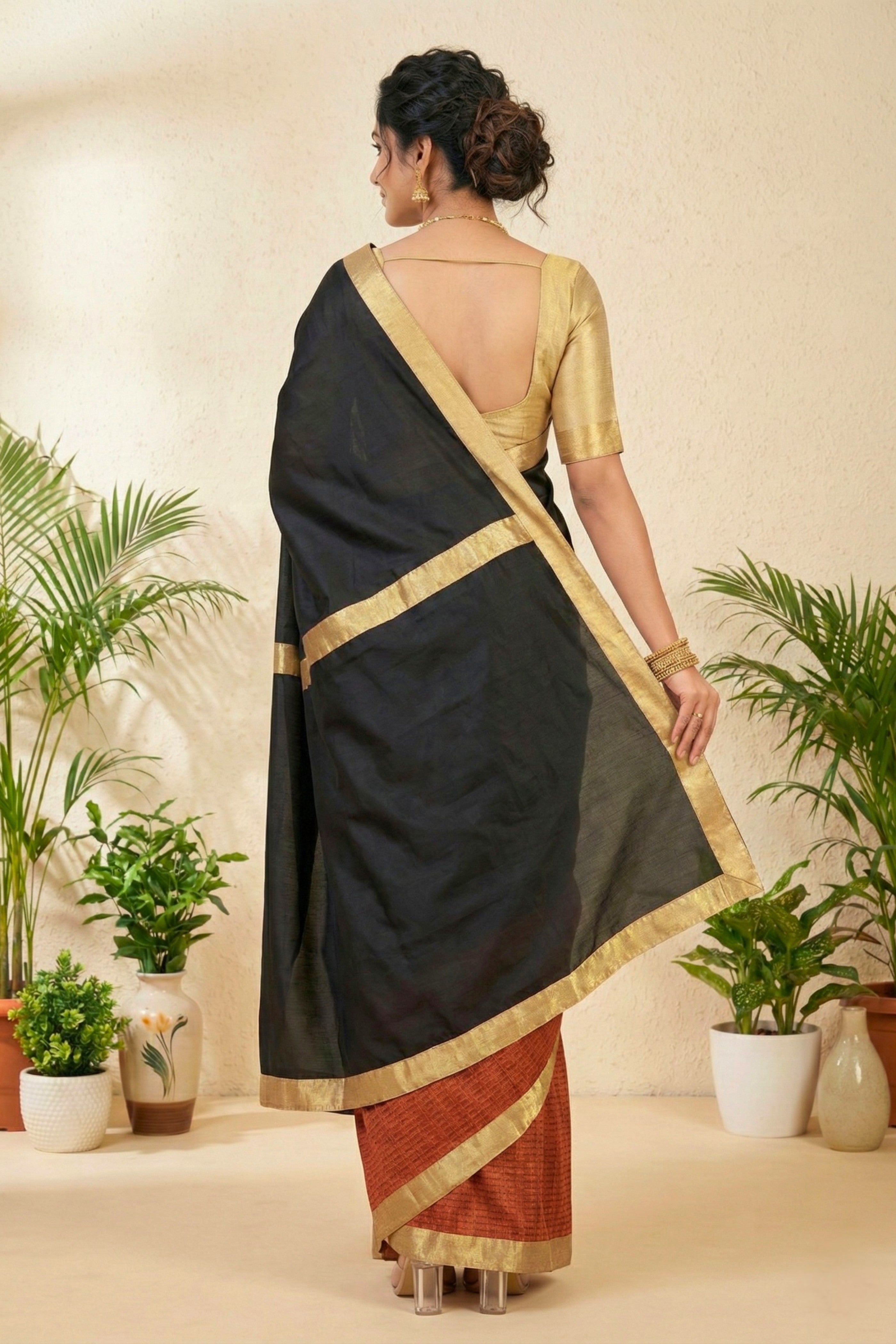 Striking Black and Rust Half-and-Half Silk Saree with Gold Border