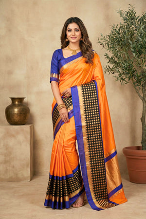 Vibrant Orange Silk Saree with Contrast Checkered Border