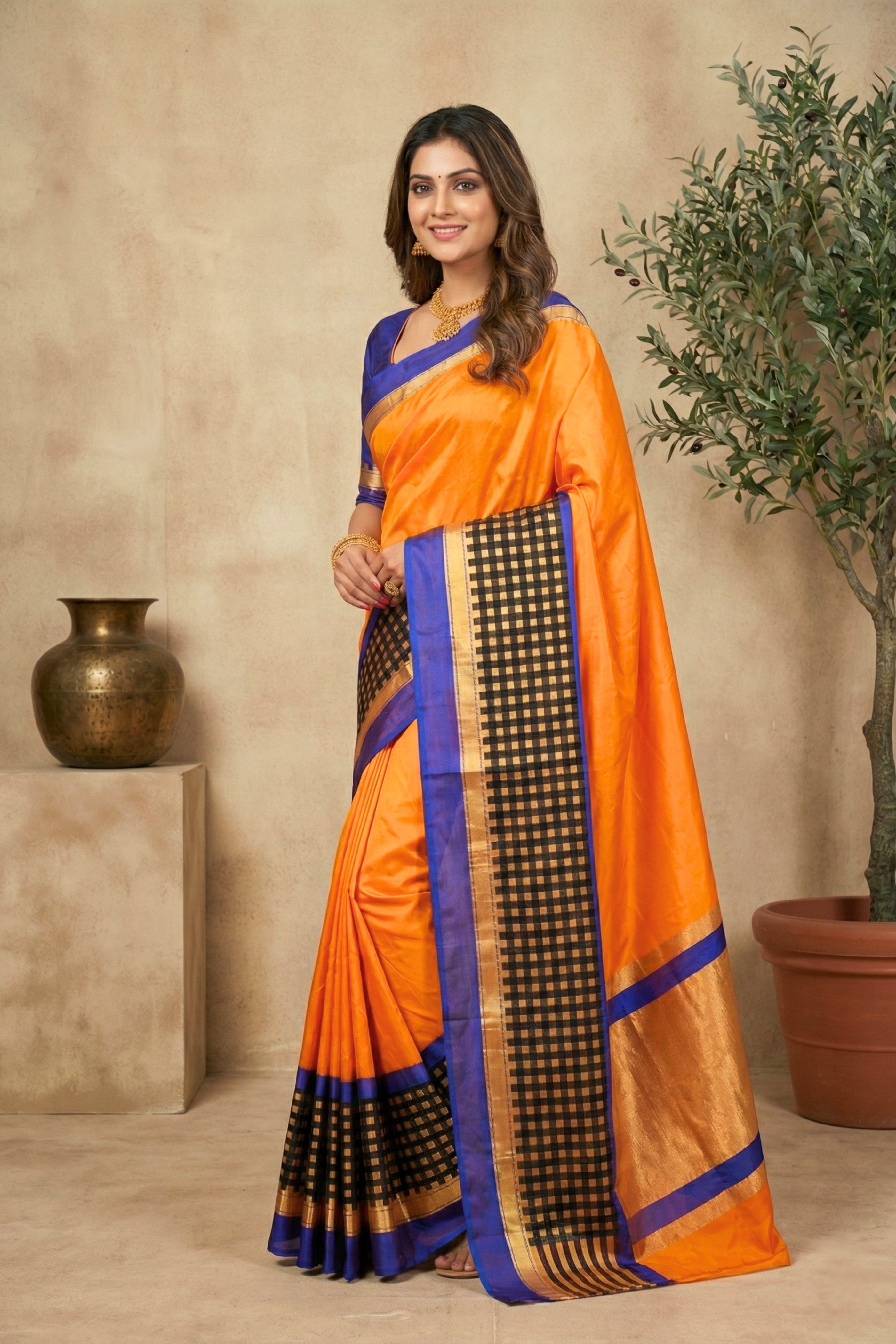 Vibrant Orange Silk Saree with Contrast Checkered Border