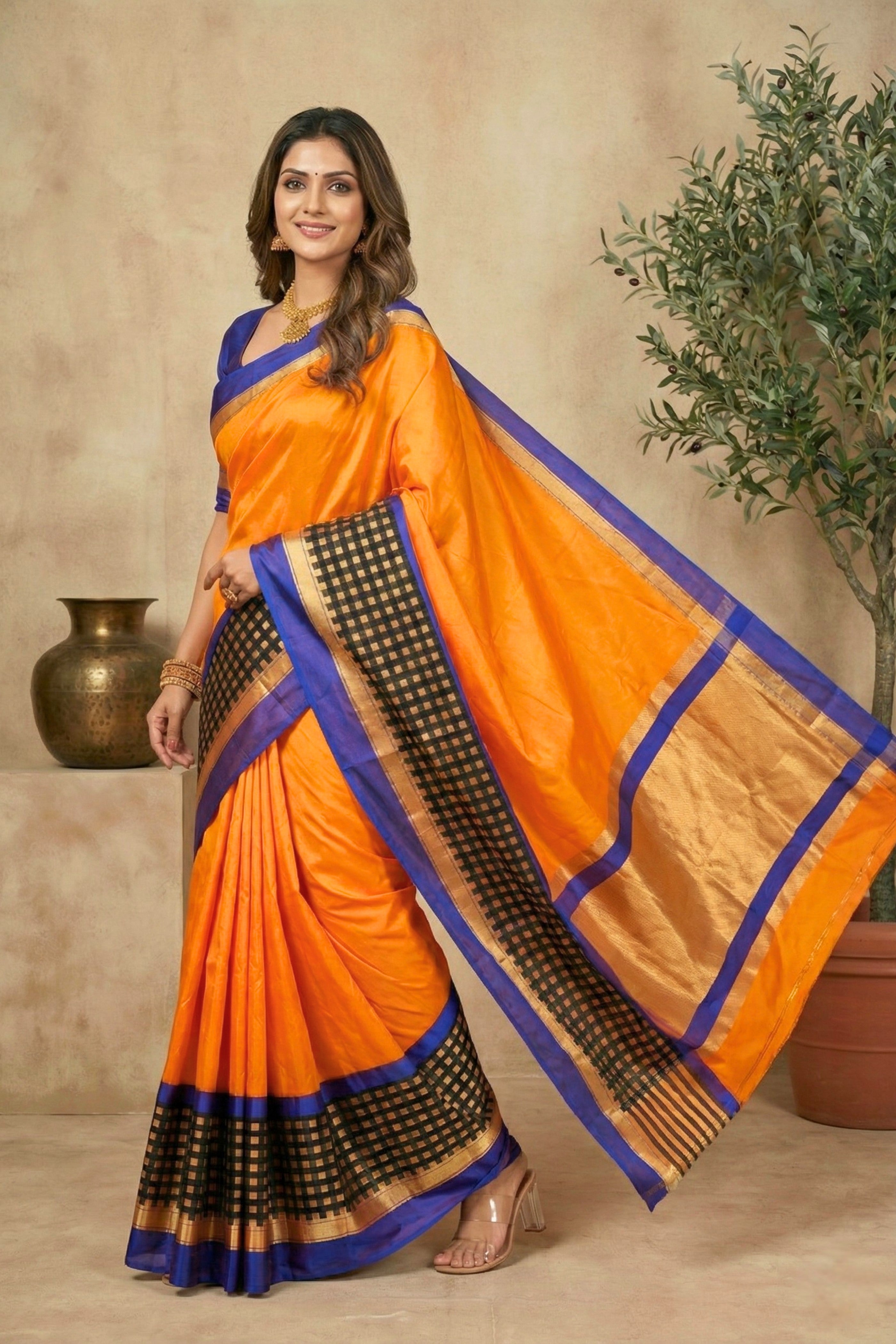 Vibrant Orange Silk Saree with Contrast Checkered Border