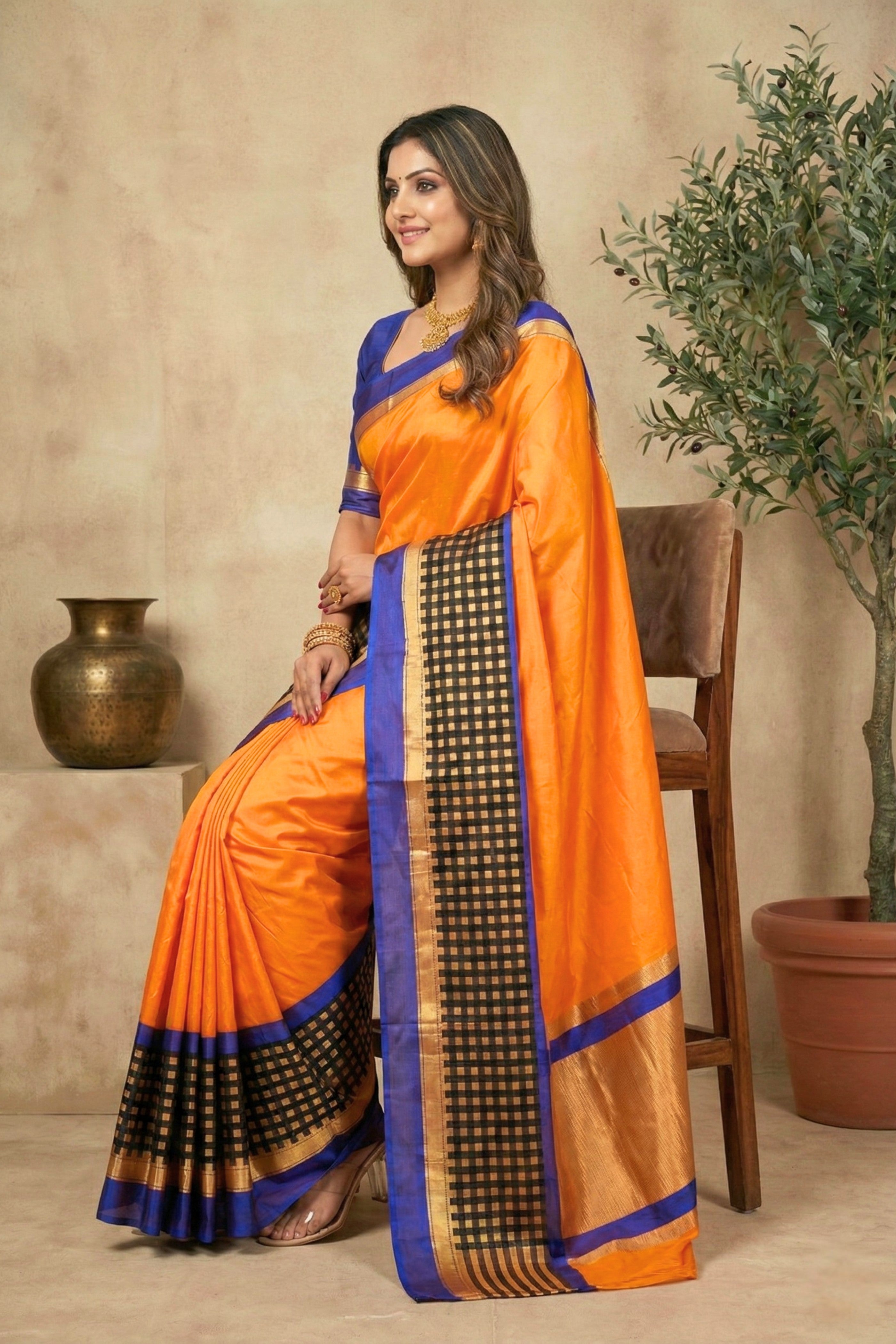 Vibrant Orange Silk Saree with Contrast Checkered Border