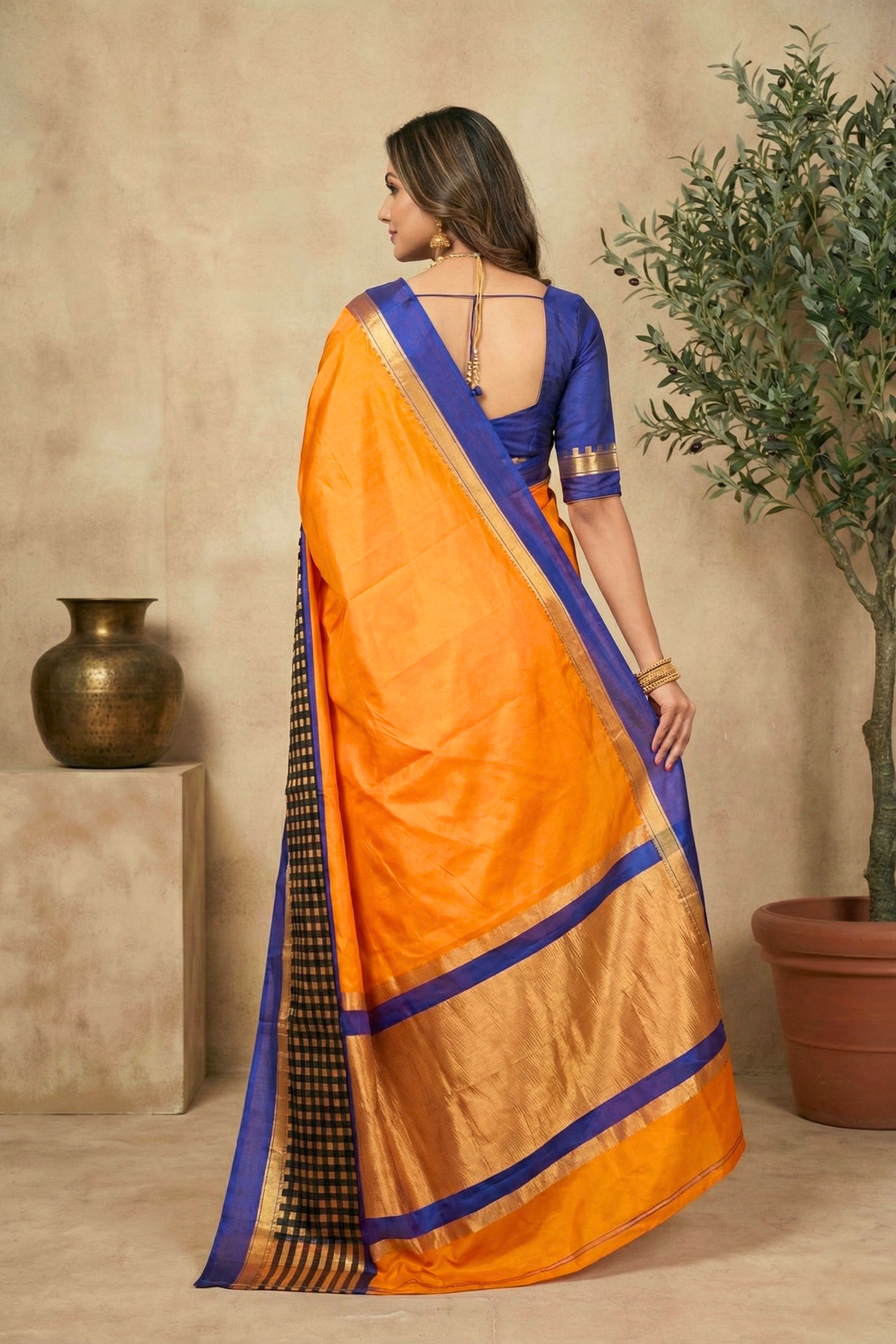 Vibrant Orange Silk Saree with Contrast Checkered Border