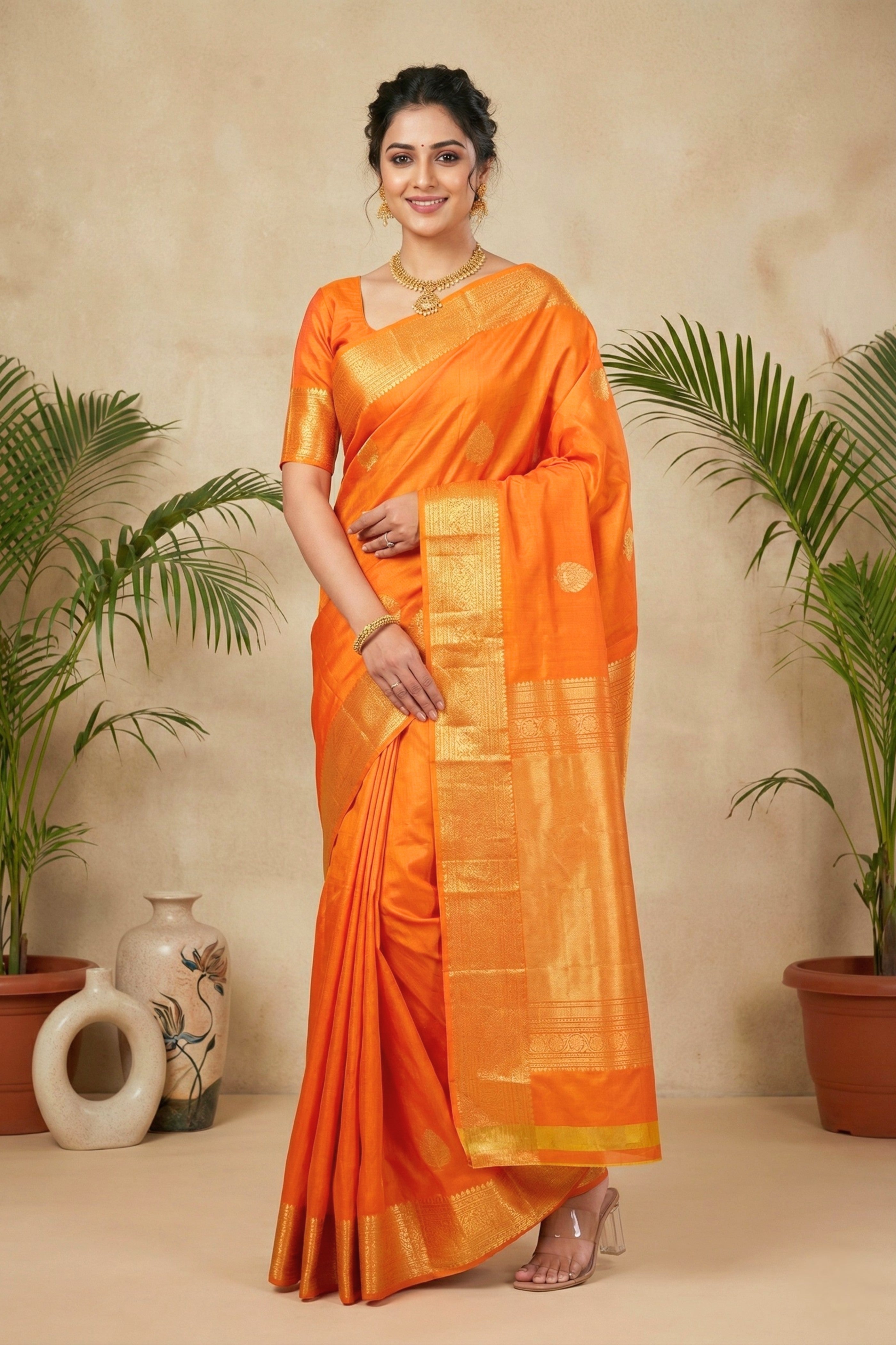 Radiant Tangerine Orange Pure Silk Saree with Heavy Gold Zari