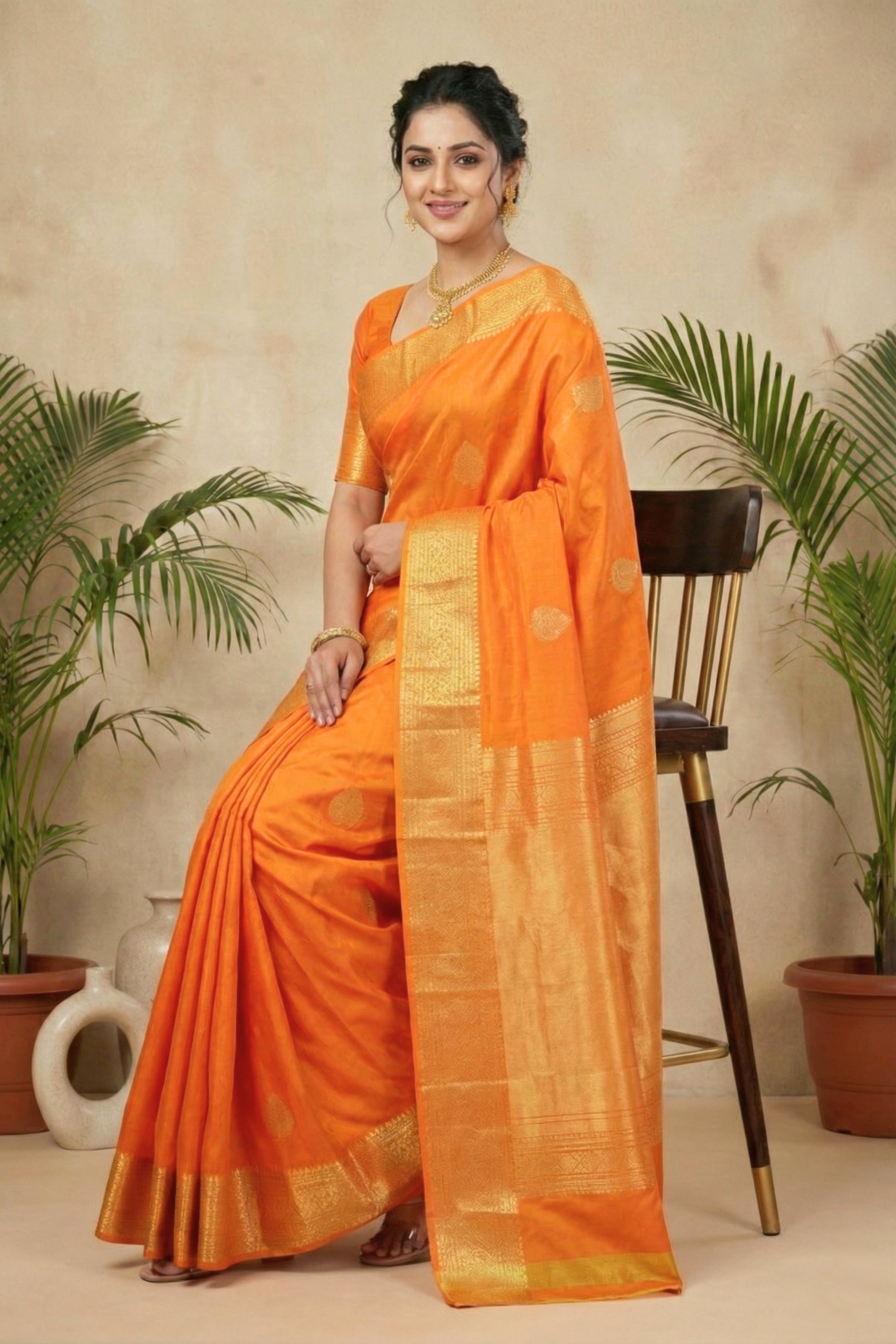 Radiant Tangerine Orange Pure Silk Saree with Heavy Gold Zari