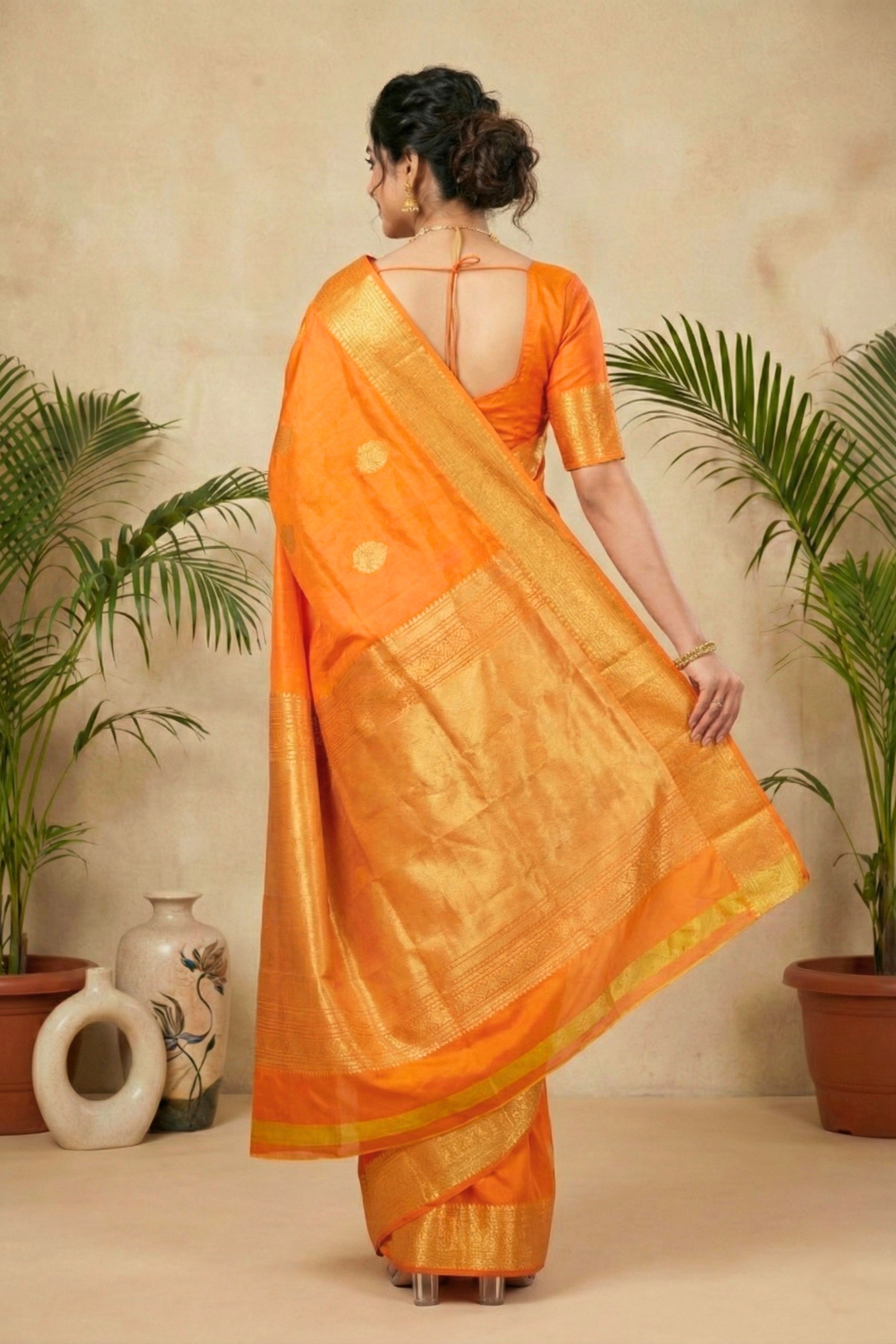 Radiant Tangerine Orange Pure Silk Saree with Heavy Gold Zari