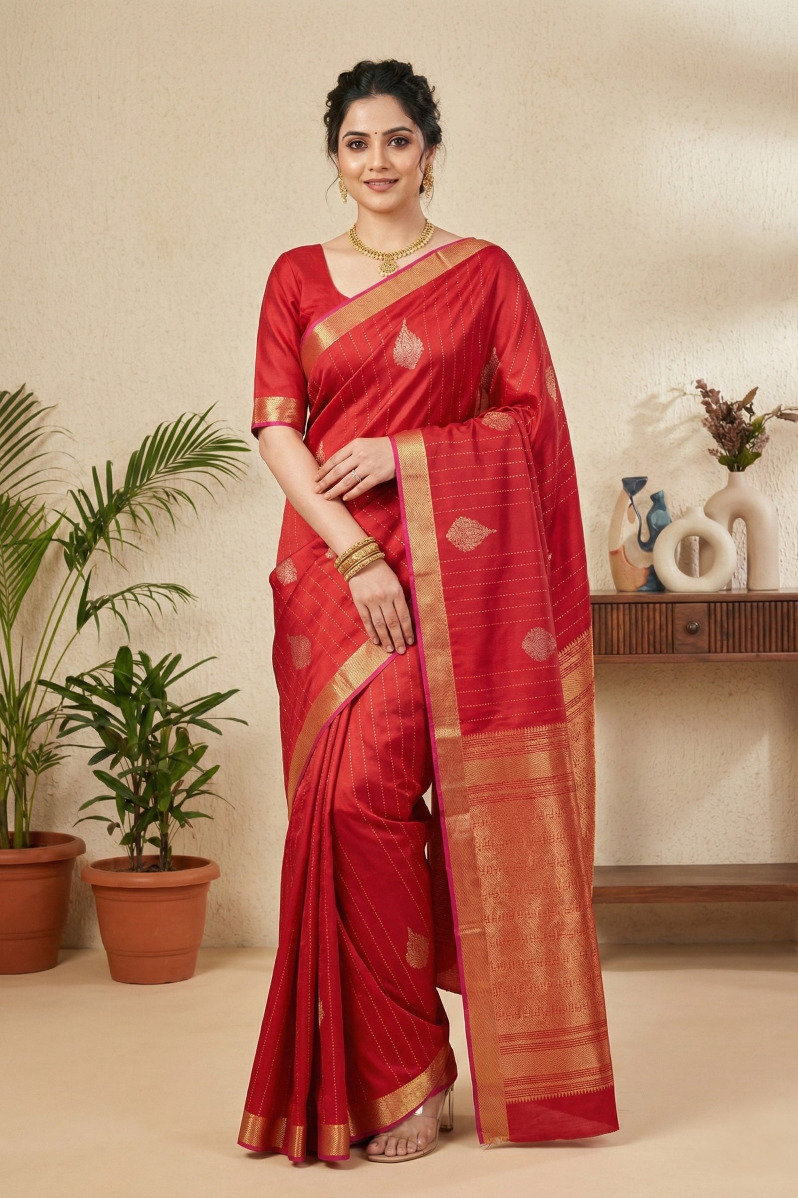 Radiant Crimson Red Silk Saree with Woven Zari Motifs