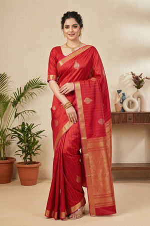 Radiant Crimson Red Silk Saree with Woven Zari Motifs