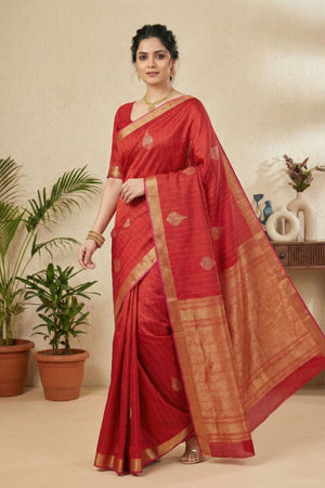 Radiant Crimson Red Silk Saree with Woven Zari Motifs