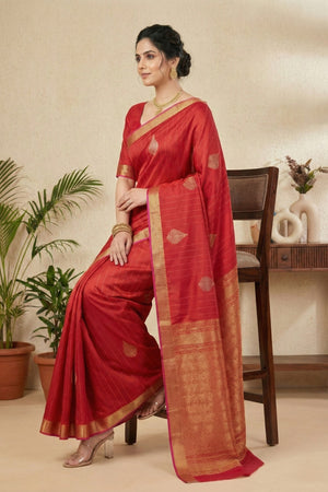 Radiant Crimson Red Silk Saree with Woven Zari Motifs