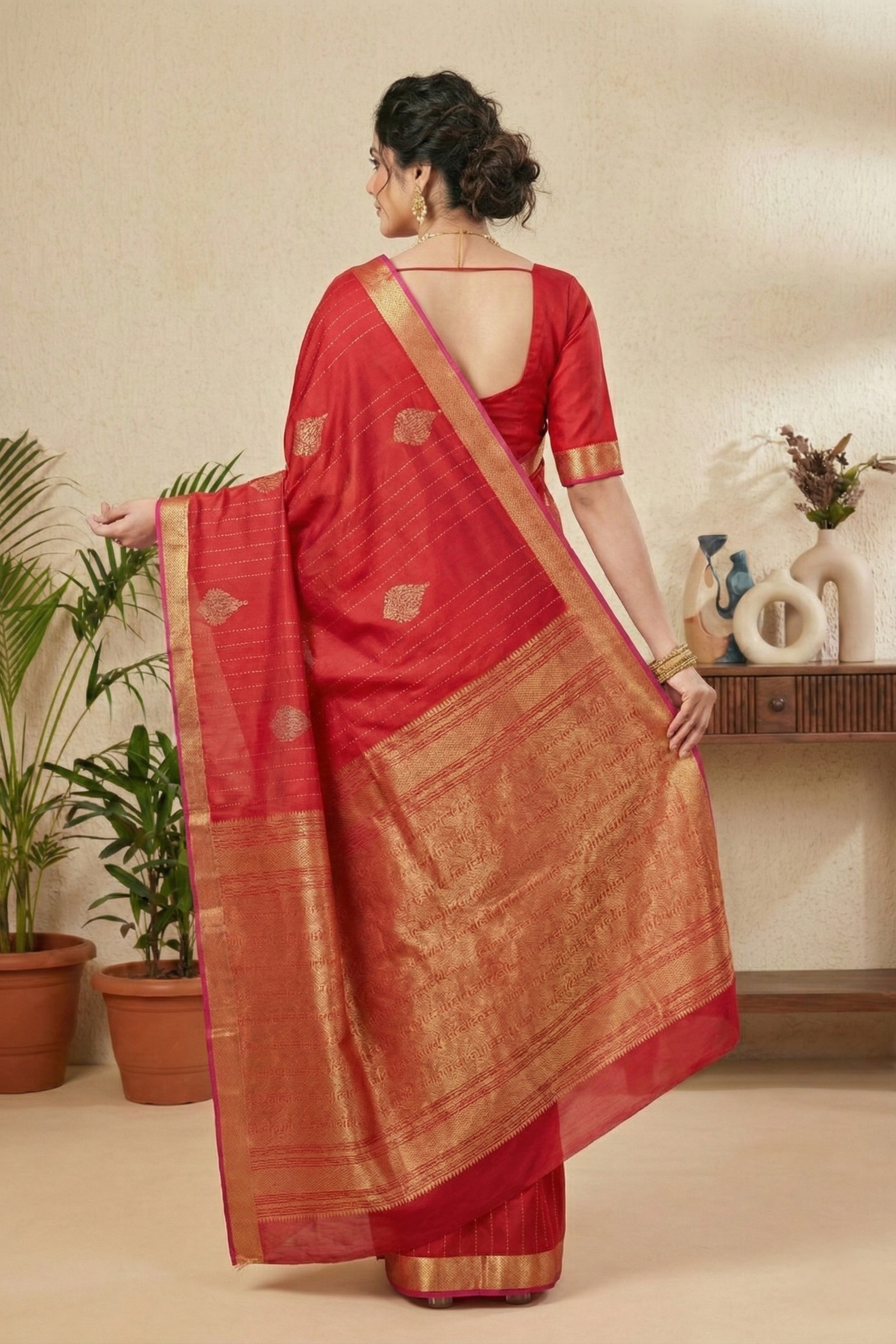 Radiant Crimson Red Silk Saree with Woven Zari Motifs