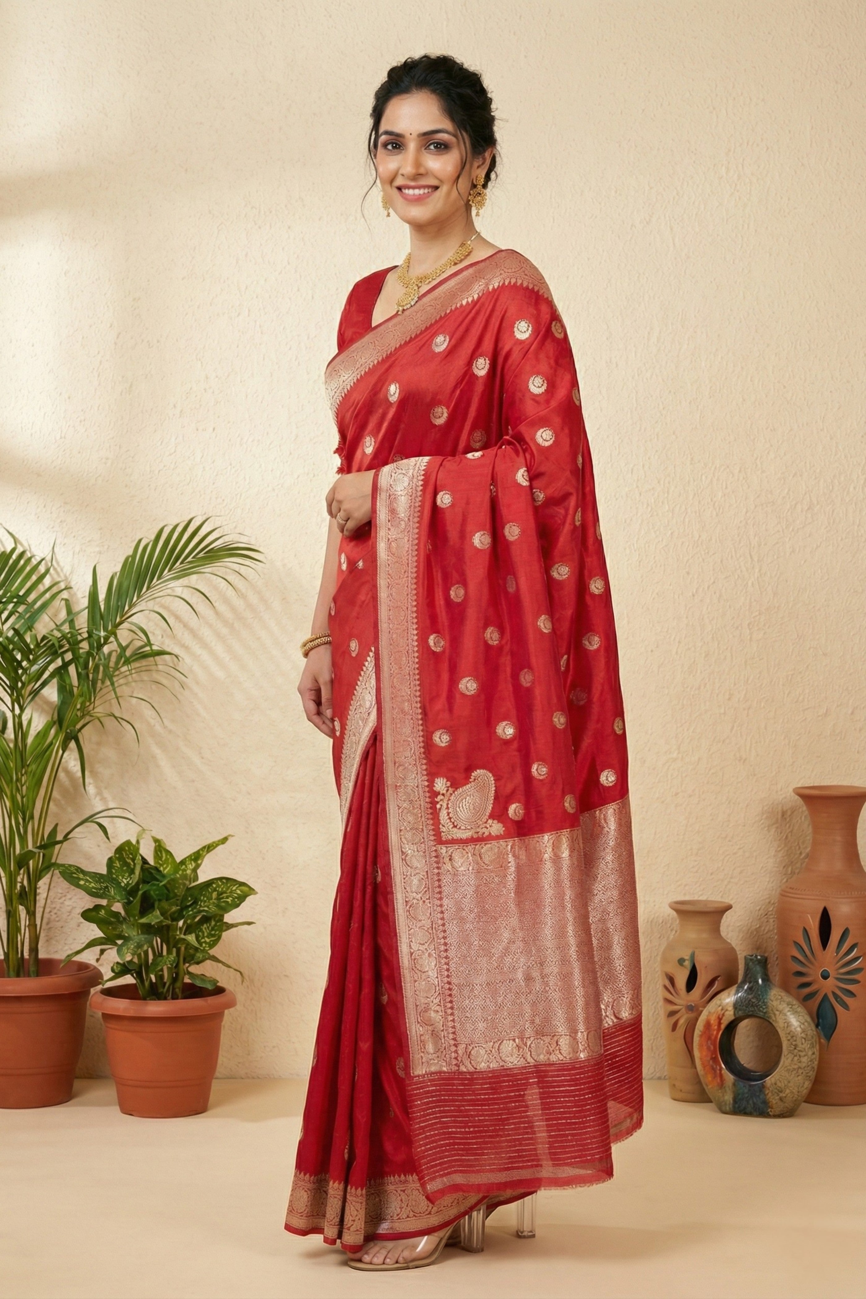 Classic Bridal Red Pure Silk Saree with Gold Zari Buttas
