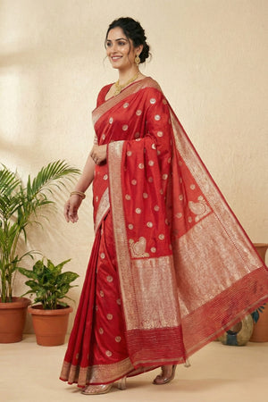 Classic Bridal Red Pure Silk Saree with Gold Zari Buttas