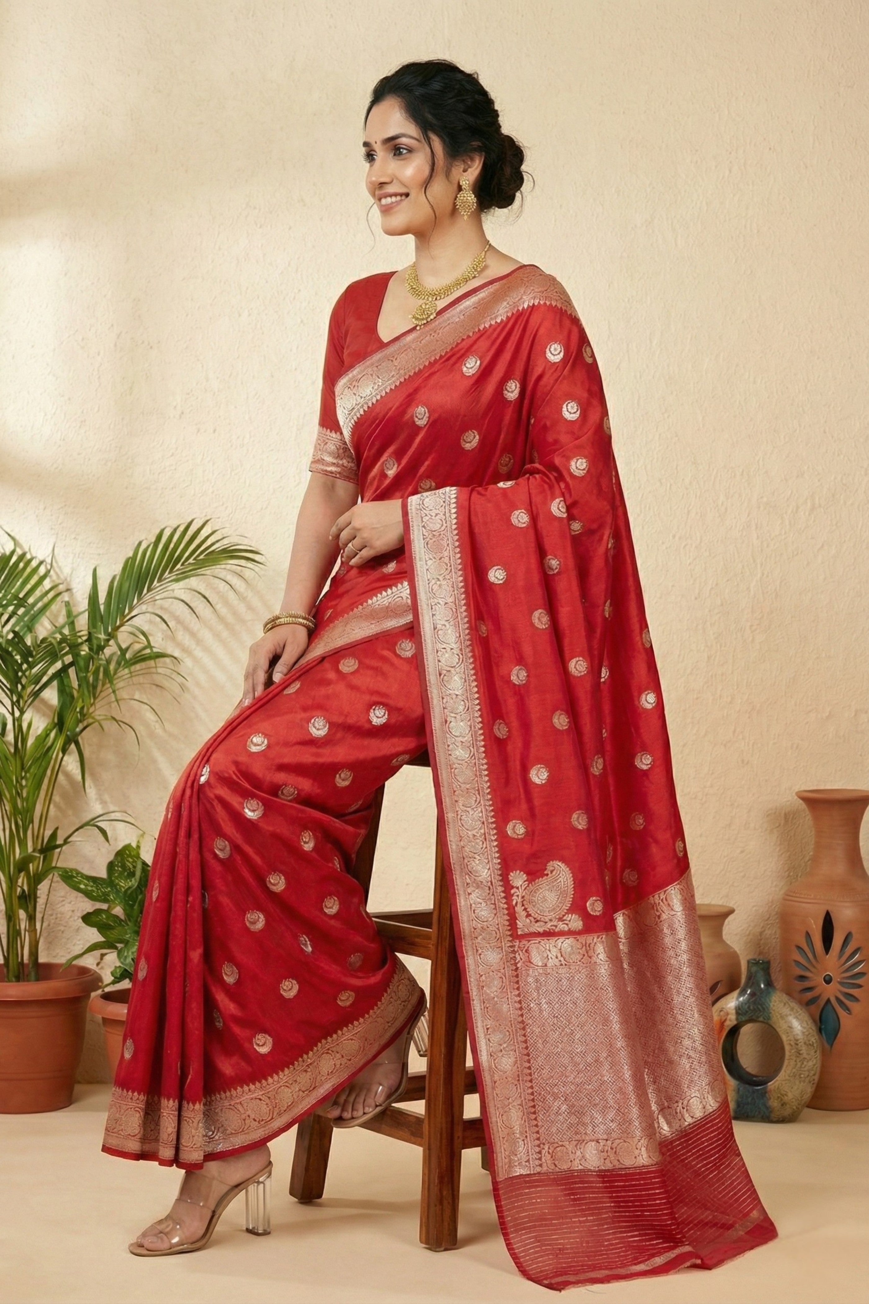 Classic Bridal Red Pure Silk Saree with Gold Zari Buttas
