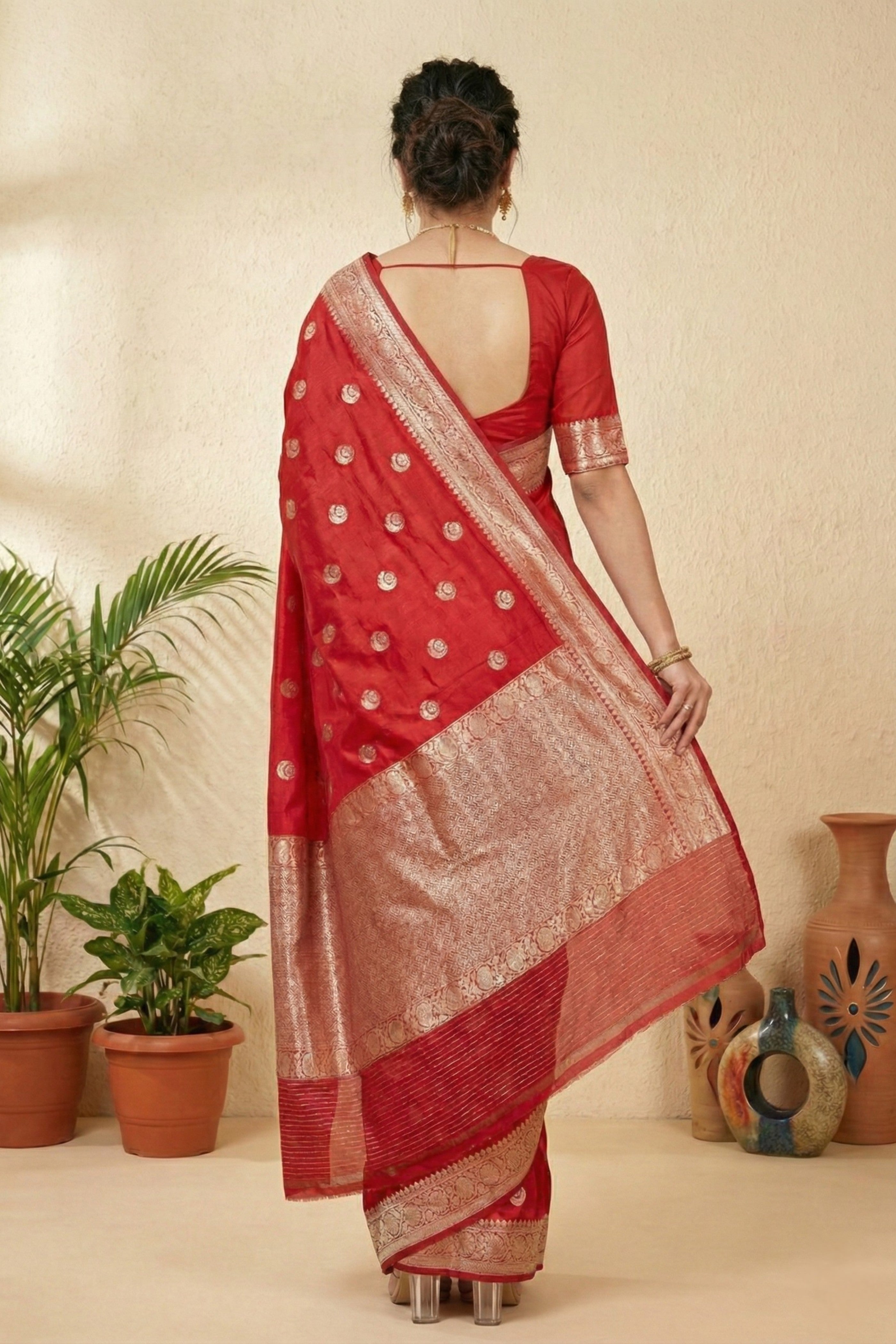 Classic Bridal Red Pure Silk Saree with Gold Zari Buttas