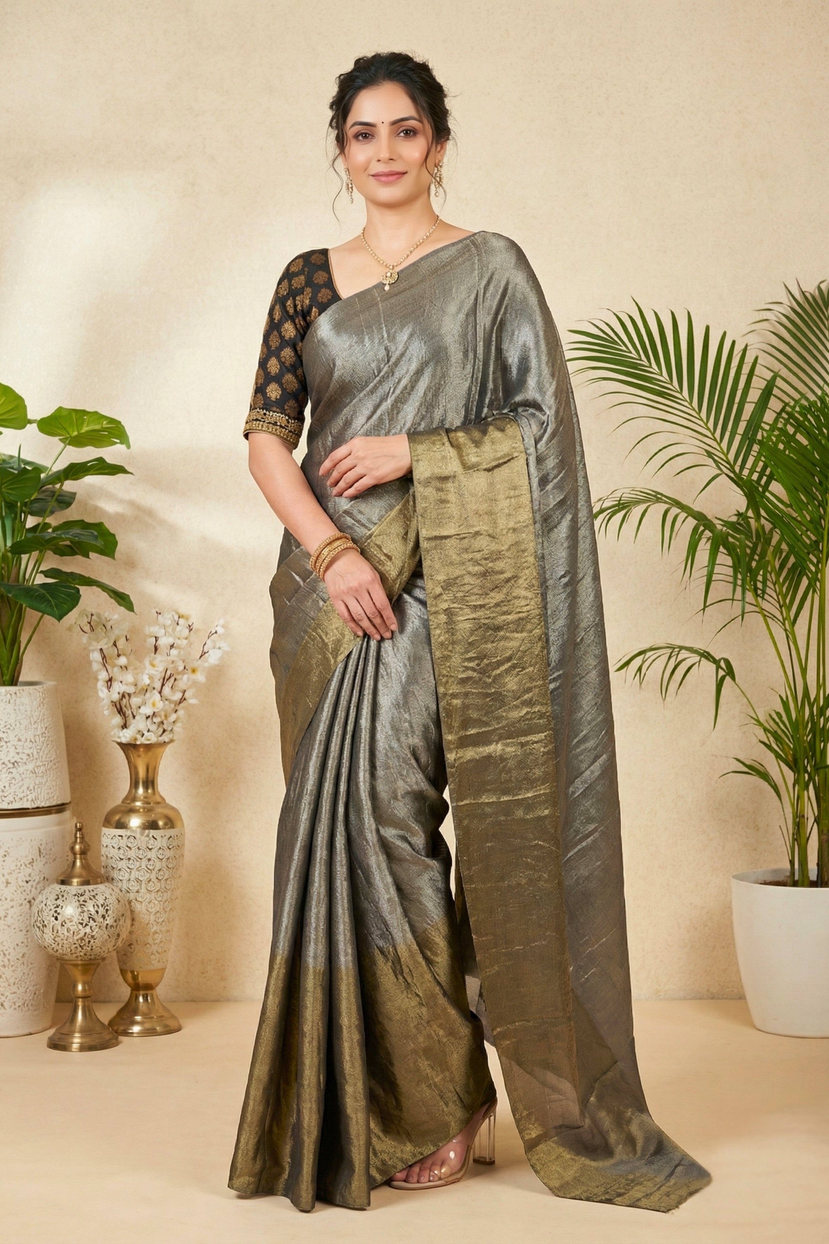 Metallic Grey Soft Tissue Saree